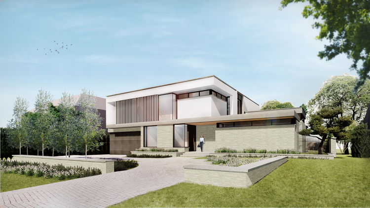 Interior architectural drawing of a multi-story modern house showing open living spaces, kitchen with island, sitting area with TV, stairs, and large windows with outdoor views.